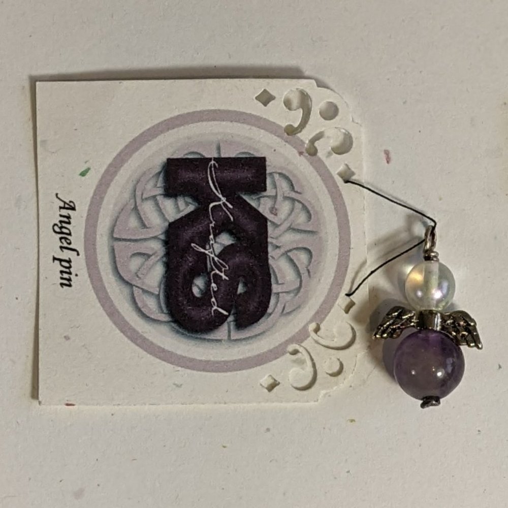 Handcrafted Angel Pin in genuine 8mm Amethyst and frosted iridescent glass. New!